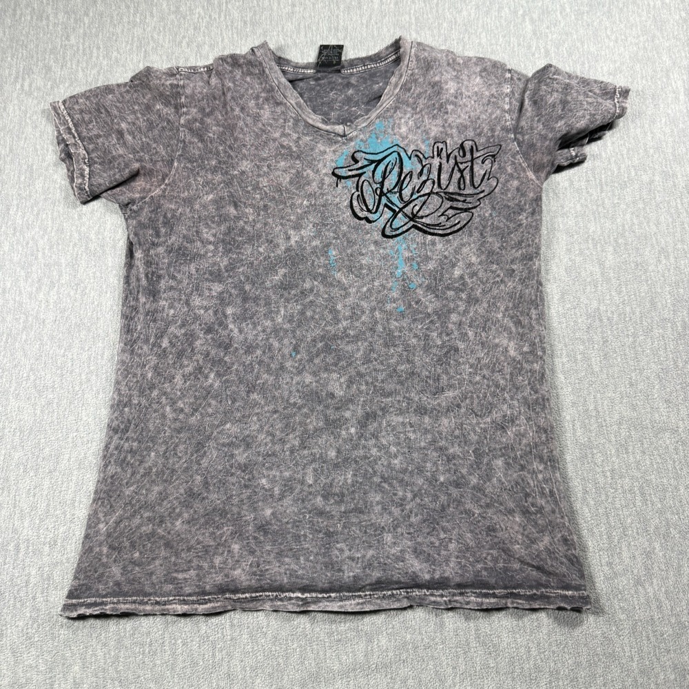 RZST T-Shirt Men M Gray V-Neck Graphic City of Angels Grenade Wings Acid Wash